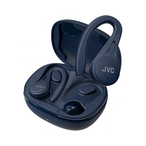 Auriculares Bluetooth deportivos JVC HA-EC25T-AU con estuche de carga, hasta 30 horas de autonomía, color azul.