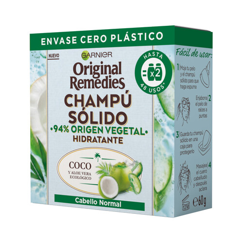 ORIGINAL REMEDIES Champú sólido hidratante de origen vegetal, para cabellos normales, raíces grasas ORIGINAL REMEDIES de Garnier 60 g.