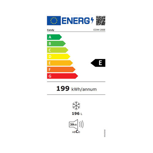 Arcón congelador CANDY CCHH 200E, clasificación energética: E, H: 84,5cm, A: 94,5cm, F: 57,5cm, capacidad total: 196L.