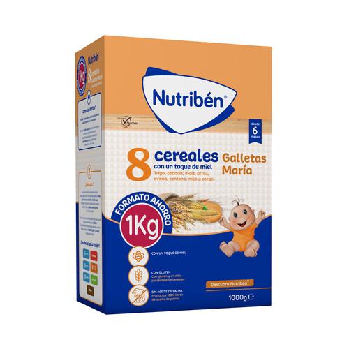 NUTRIBÉN Papilla en polvo con 8 cereales, miel y galleta María a partir de 6 meses NUTRIBÉN 1000 g.