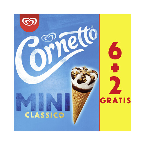 CORNETTO Mini cono de helado de nata, con trocitos de avellana y topping de salsa de chocolate 6+2 x 60 ml.