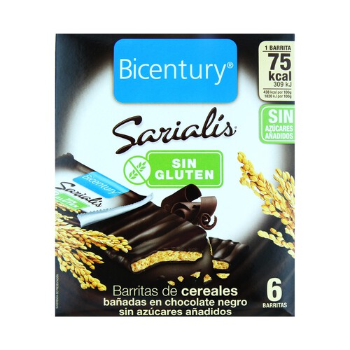 BICENTURY Barritas de cereales bañadas en chocolate negro. Sin gluten SARIALÍS de BIOCENTURY 100 g.