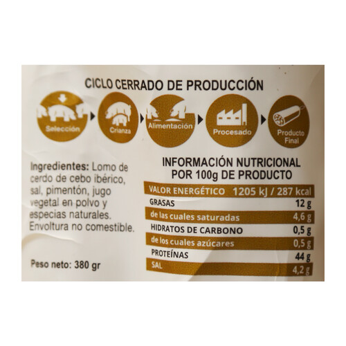 ALCAMPO PRODUCCIÓN CONTROLADA Lomo de cebo ibérico (50% raza ibérica) pieza de 380 g. 