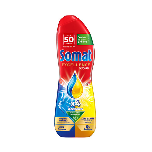 SOMAT Excellence duo gel Detergente lavavajillas en gel con 4 acciones de limpieza 50 lavados, 800 ml.