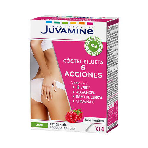 JUVAMINE Cóctel silueta 6 acciones a base de extractos de plantas, sabor frambuesa 14 uds.