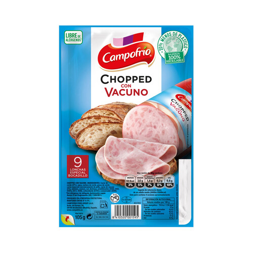 CAMPOFRÍO Chopped con vacuno cortado en lonchas, especiales para el bocadillo CAMPOFRÍO 105 g.