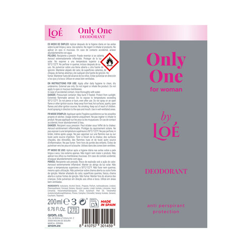 LOÉ Only one Desodorante en spray para mujer con protección antitranspirante 200 ml.