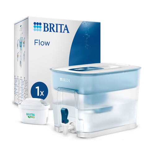 BRITA Depósito filtrante Flow XXL (8,2 l) incl. 1x cartucho MAXTRA PRO All-in-1: jarra apta para frigorífico con  digital y tapa deslizante, reduce el cloro, la cal y las impurezas.