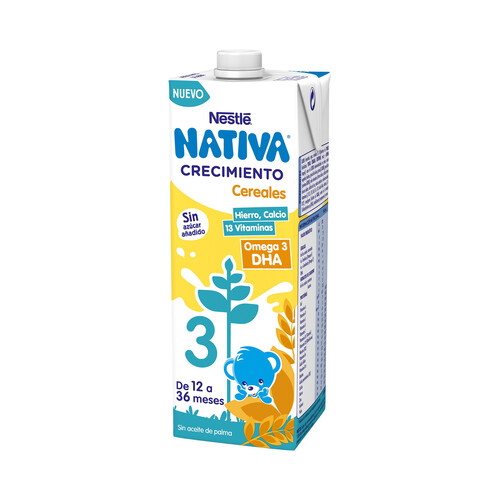 NATIVA Crecimiento de Nestlé Leche (3) de crecimiento con cereales, de 12 a 36 meses 1 l.