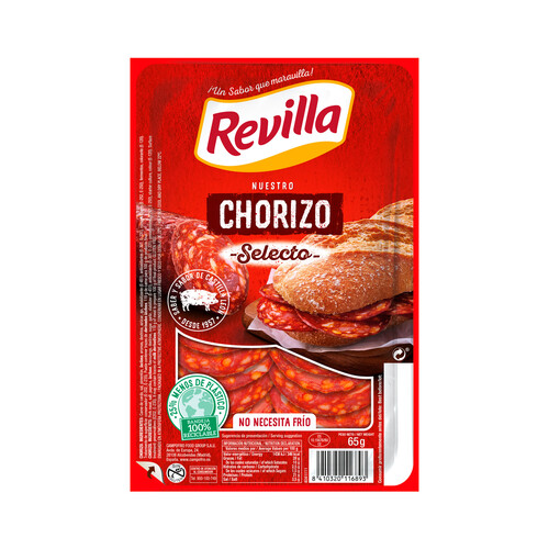 REVILLA Chorizo selecto, elaborado sin gluten y cortado en lonchas REVILLA 65 g.