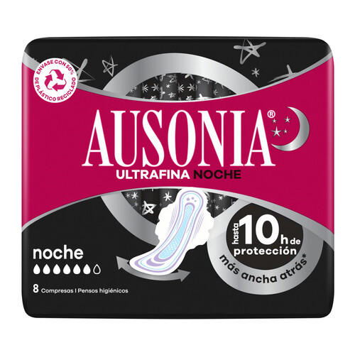 AUSONIA Compresas ultrafinas de noche con alas 8 uds.