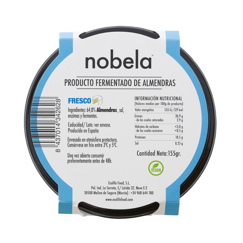 NOBELA Queso vegano elaborado con almendra marcona, libre de leche animal 155 g.