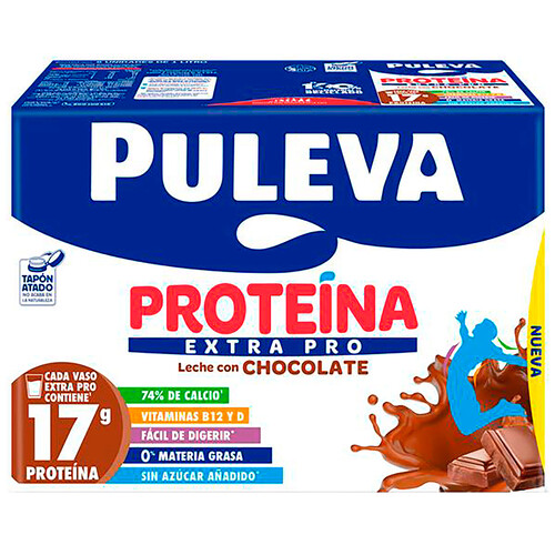 PULEVA Proteína extra pro Leche con chocolate, rica en calcio y proteinas 6 x 1 l.