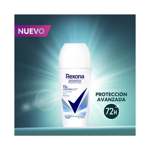 REXONA Desodorante roll on para mujer sin alcohol y con protección antitranspirante hasta 72 horas REXONA Advanced protection cotton dry 50 ml.