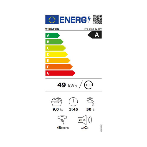 Lavadora WHIRLPOOL FFB 9469 BV SPT 9KG, clasificación energética: A, 1400RPM, H: 85cm, A: 60cm, F: 60cm.