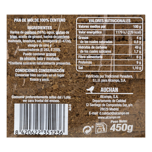 AUCHAN Pan de molde 100% centeno 450 g.