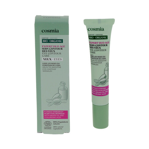 COSMIA Bio expert duo age Contorno de ojos antiarrugas, con aceite de argán y ácido Hialurónico 15 ml.