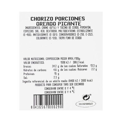 Chorizo fresco oreado picante, envasado al vacio y elaborado sin gluten ni lactosa MONTFOIX 280 g.