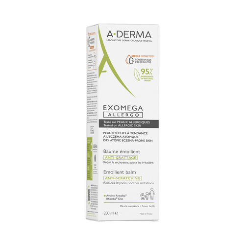 A.DERMA Exomega allergo Bálsamo emoliente  que alivia la sequedad y el enrojecimiento, para pieles secas con tendencia al eccema atópico 200 ml.