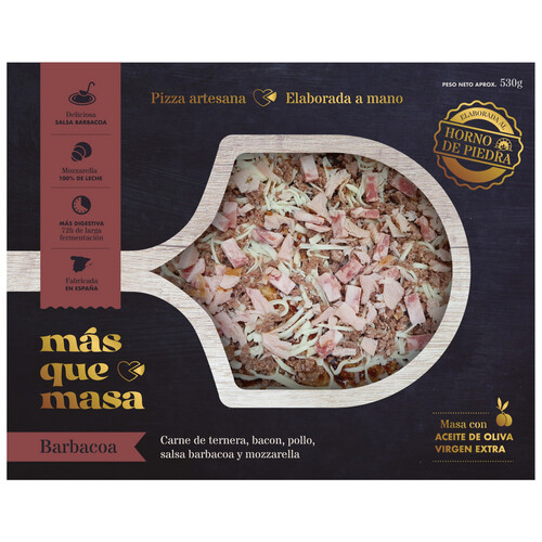 MAS QUE MASA Pizza artesana de ternera, bacon, pollo, salsa barbacoa y mozzarella MAS QUE MASA 450 g.