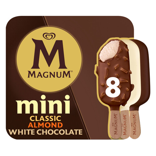 MAGNUM de frigo mini bombones almendradros, de chocolate, chocolate con leche y chocolate blanco 8 x 55 ml.