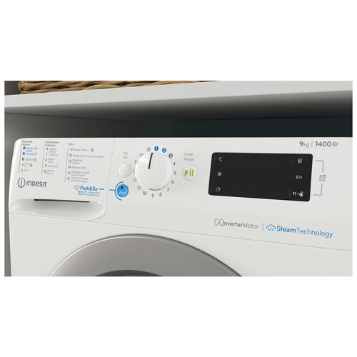 Lavadora INDESIT BWE 91496XWSVSPT, capacidad de carga: 9KG, clasificación energética: A, 1400RPM, H: 85cm, A: 59,5cm, F: 63cm.