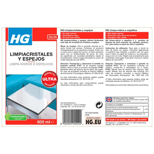 HG Limpiador especial para cristales y espejos HG 500 ml.