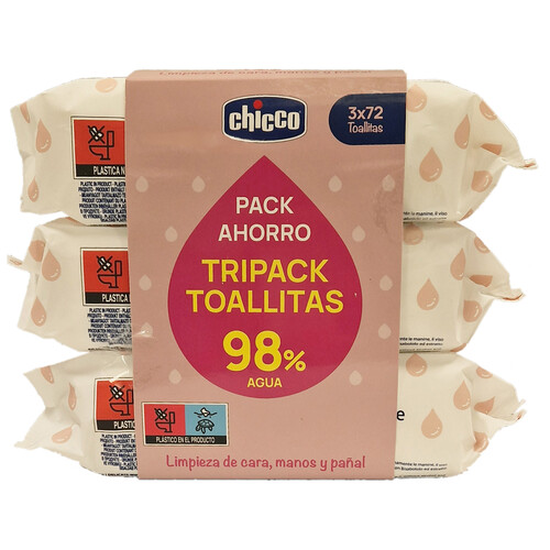 CHICCO Toallitas húmedad delicadas para bébe, para la limpieza de cara, manos y pañal 3 x 72 uds.