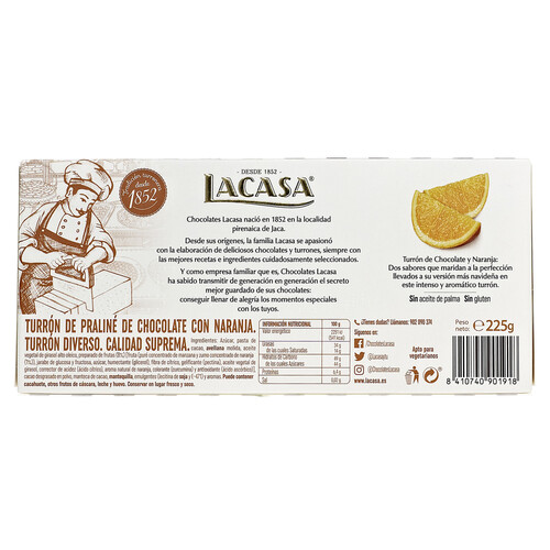 LACASA Turrón de chocolate y naranja 225 g.