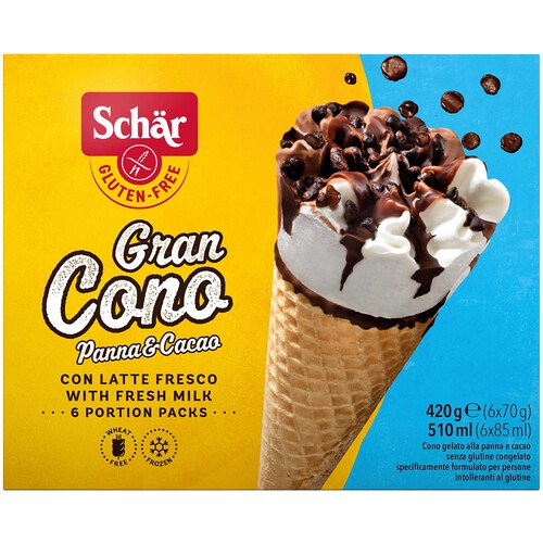 SCHÄR Cono de helado sin gluten de nata y chocolate, con pepitas de chocolate 6 x 85 ml.