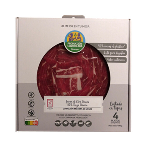 ALCAMPO CULTIVAMOS LO BUENO  Estuche con sobres de jamón de cebo ibérico (50% raza ibérica), cortado en tapas  4 x 100 g.