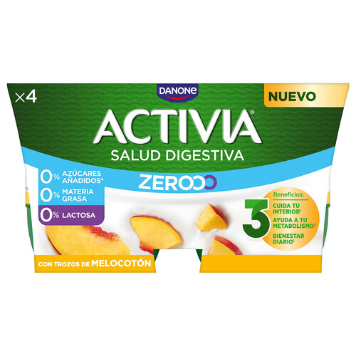 ACTIVIA Triple zero de Danone Bífidus desnatado (0% materia grasa), sin lactosa y con trocitos de melocotón 4 x 120 g.