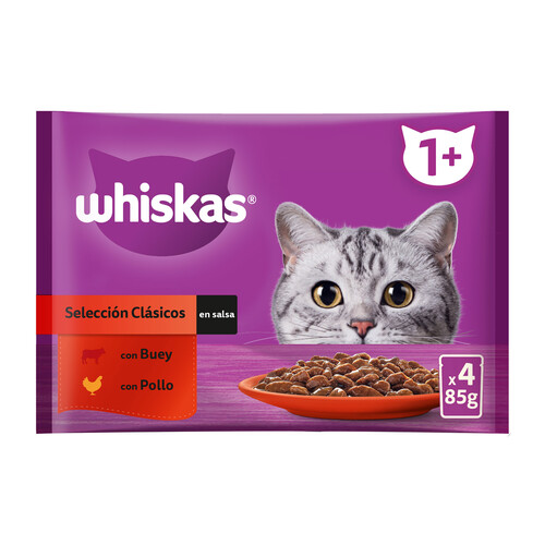 WHISKAS Pienso húmedo para gatos bolsa de carne gelatina WHISKAS 4x85 gr.