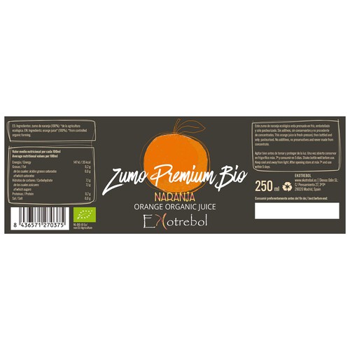 EKOTREBOL Zumo de naranja premium ecológico 250 ml.