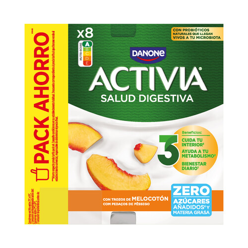 ACTIVIA  de Danone Bífidus desnatado (0% materia grasa) con trozos de melocotón 8 x 120 g.