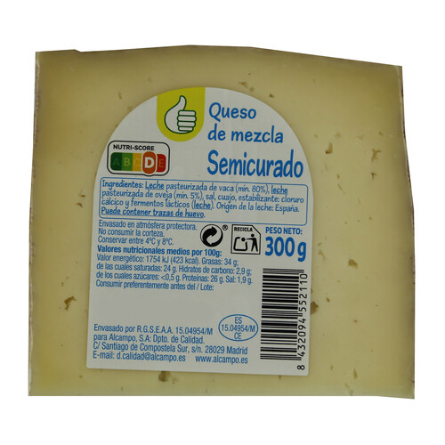 PRODUCTO ECONÓMICO ALCAMPO Queso mezcla semicurado PRODUCTO ECONÓMICO ALCAMPO 300 g.