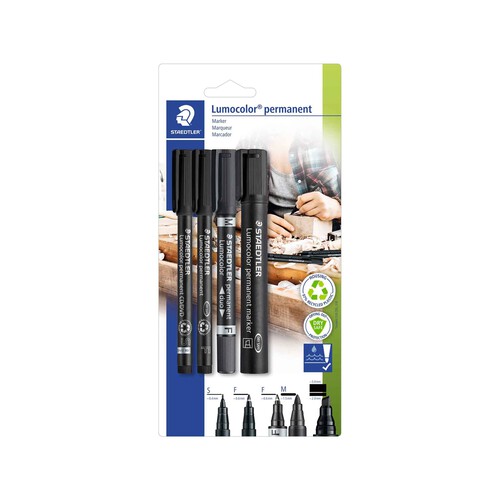 Rotuladores permanentes color negro, 0,4mm., 0,6mm., 1,5mm., y 2mm., Lumocolor STAEDTLER.