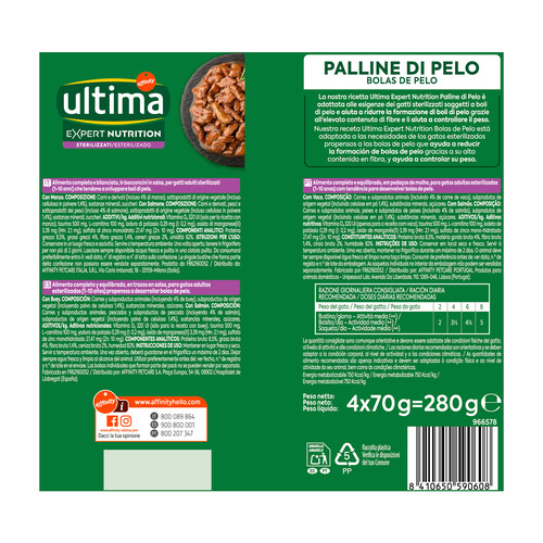 ULTIMA Expert nutrition Alimento para gatos adultos esterilizados (1-10 años) propensos desarrollo bolas de pelo 4 x 70 g.