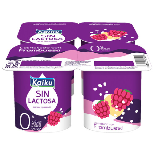 KAIKU Yogur desnatado 0% materia grasa, sin lactosa ni azúcares añadidos, con frambuesas Sin lactosa 4 x 125 g.