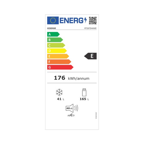 Frigorífico 2 puertas 143cm HISENSE RT267D4AWE, Cíclico, clasificación energética: F, H: 143,4cm, A: 55cm, F: 54,2cm, capacidad total: 206L.