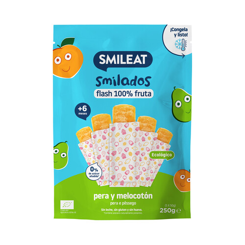 SMILEAT Flash 100% de fruta ecológica (pera y melocotón), sin azúcares añadidos, a partir de 6 meses SMILEAT 5 x 50 g.