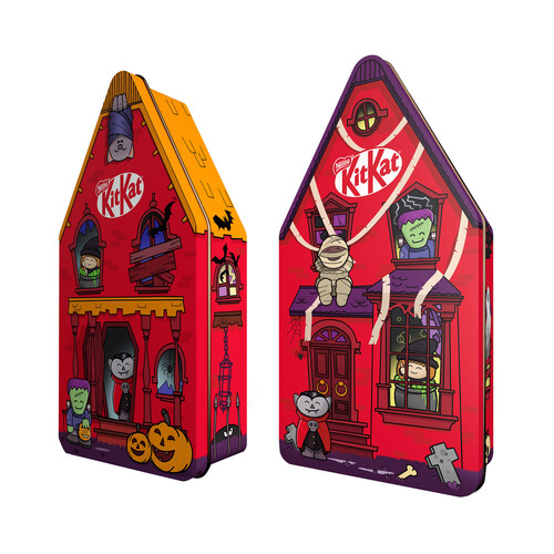 KIT KAT Lata con forma de casa con 4 figuritas uds. chocolate y 4 uds. barritas. 99,6 g.