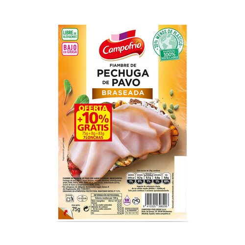 CAMPOFRÍO Pechuga de pavo con sabor ahumado, cortada en lonchas 75 g.