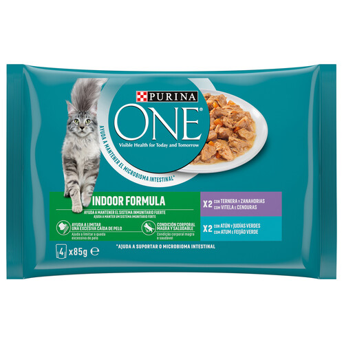 PURINA One Comida para gatos con indoor formula a base de atún y judías verdes (2) o ternera y zanahorias (2) 4 x 85 g..