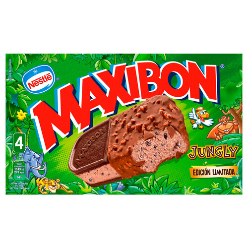 MAXIBON Sándwich de helado de chocolate con trozos de galletas de chocolate jungly de Nestlé 4 x 140 ml.