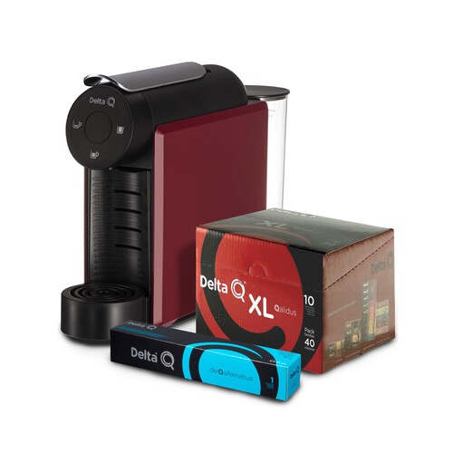 Pack de cafetera de cápsulas + 50 cápsulas de café DELTA Q MiniQOOL rojo, automática, multibebidas, recipiente para cápsulas.