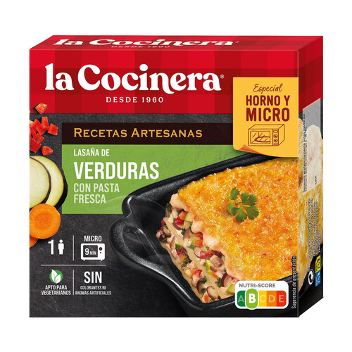 LA COCINERA Recetas artesanas Lasaña de verduras, elaborada con pasta fresca, especial para horno y microondas 280 g.