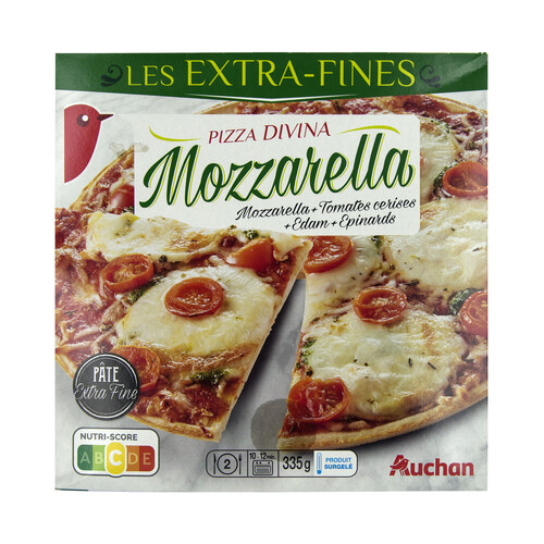 AUCHAN Pizza de mozzarella, tomates cereza, queso Edam y espinacas con masa extra fina 335 g. Producto Alcampo