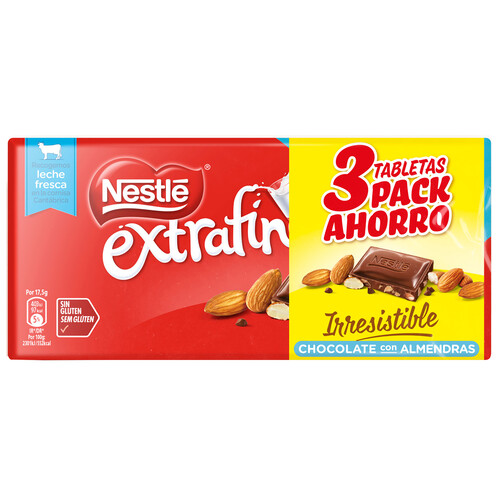 NESTLÉ Extrafino Chocolate con leche y almendras 3 uds 123 g.