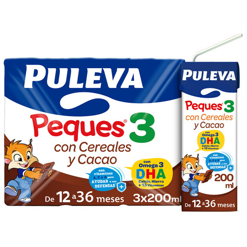 PULEVA Peques 3 Leche de crecimiento con cereales y cacao, de 12 a 36 meses 3 x 200 ml.